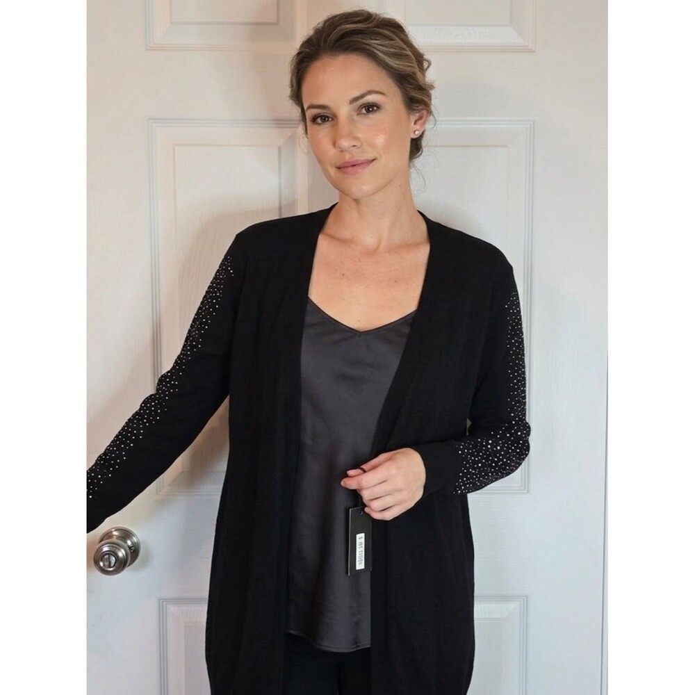 B My Story Black Open Cardigan with Sleeve Rhinestones